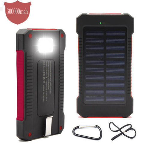 Waterproof 300000mah Dual USB Portable Solar Battery Solar Power Bank LED  Flashlight + Carabiner + USB Cable for iPhone, Mobile Cell Phone